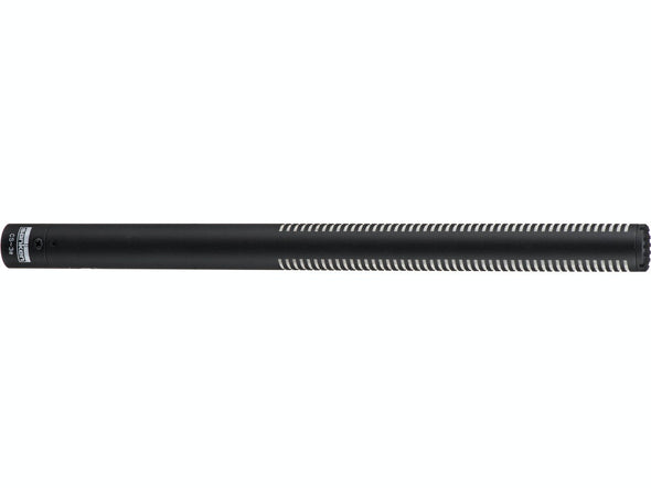 This is a photo of the Sanken CS-3e. The microphone is black and is shown at a side view. Shown on a white background.