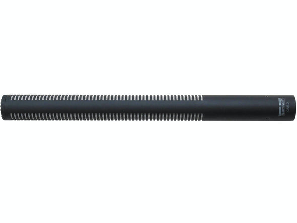 This is a photo of the Sanken CSR-2 microphone. It is shown on its side. The microphone is black.