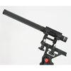 This is a photo of the Sanken CS-2 microphone in black. It is a side view and the microphone is shown at an angle held up by a piece of black equipment. Shown on white background.