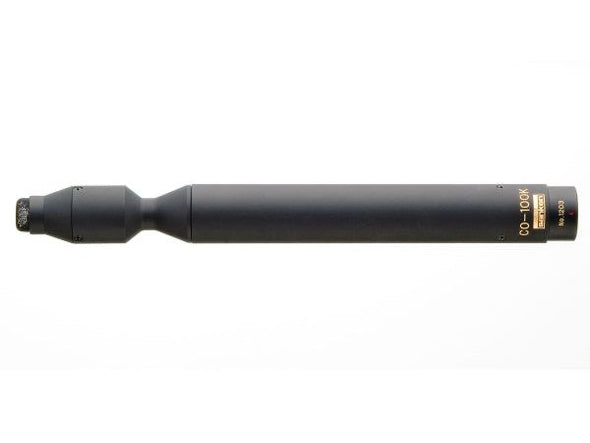 This is a photo of the CO-100K Sanken microphone. The microphone is black and on a front facing up right view.